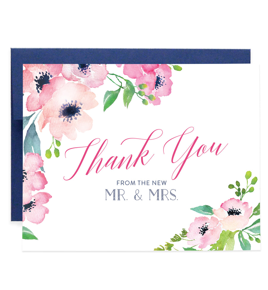 Newlywed Thank You Card Floral Watercolor Mr & Mrs