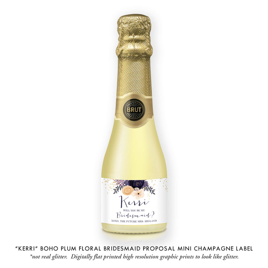 "Kerri" Boho Plum Floral Bridesmaid Proposal Champagne Labels