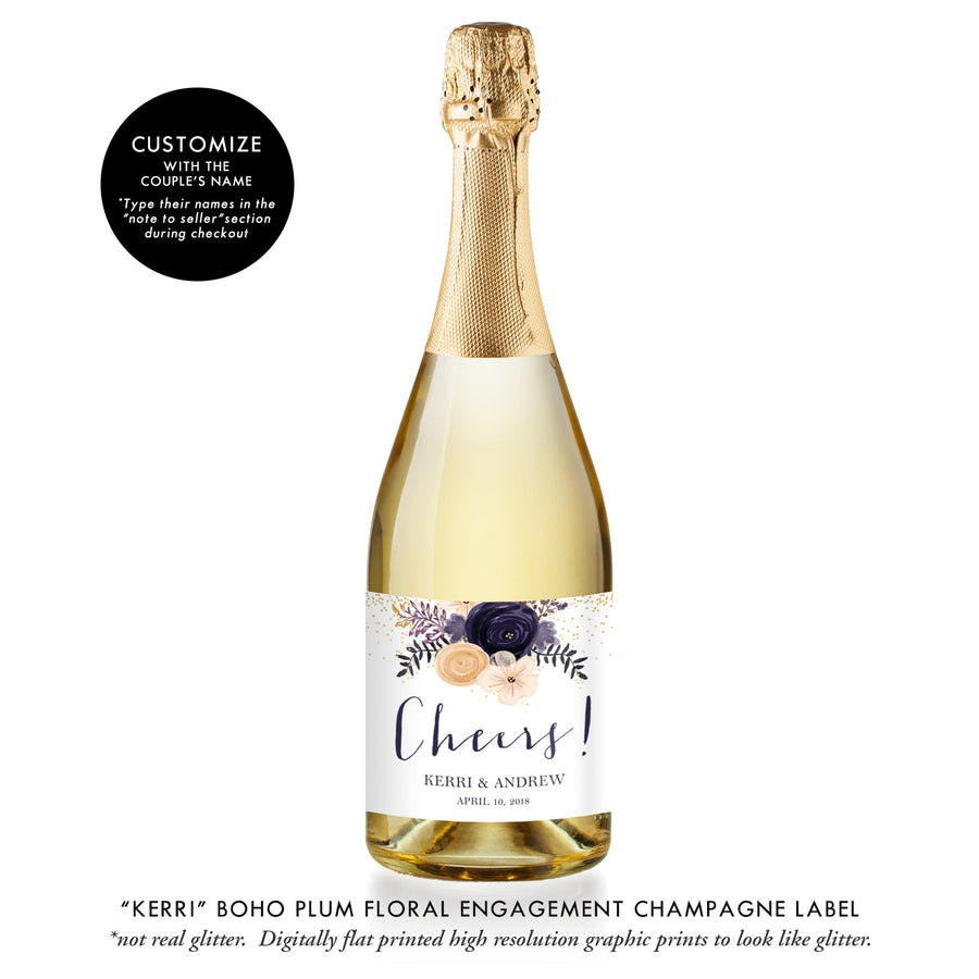 "Kerri" Boho Plum Floral Engagement Champagne Labels
