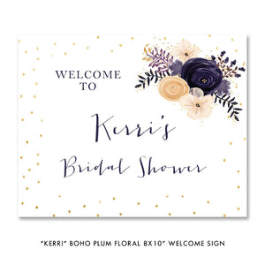 Chic Boho Plum Floral Bridal Shower Invitations, featuring lush plum florals against a serene purple and white backdrop.