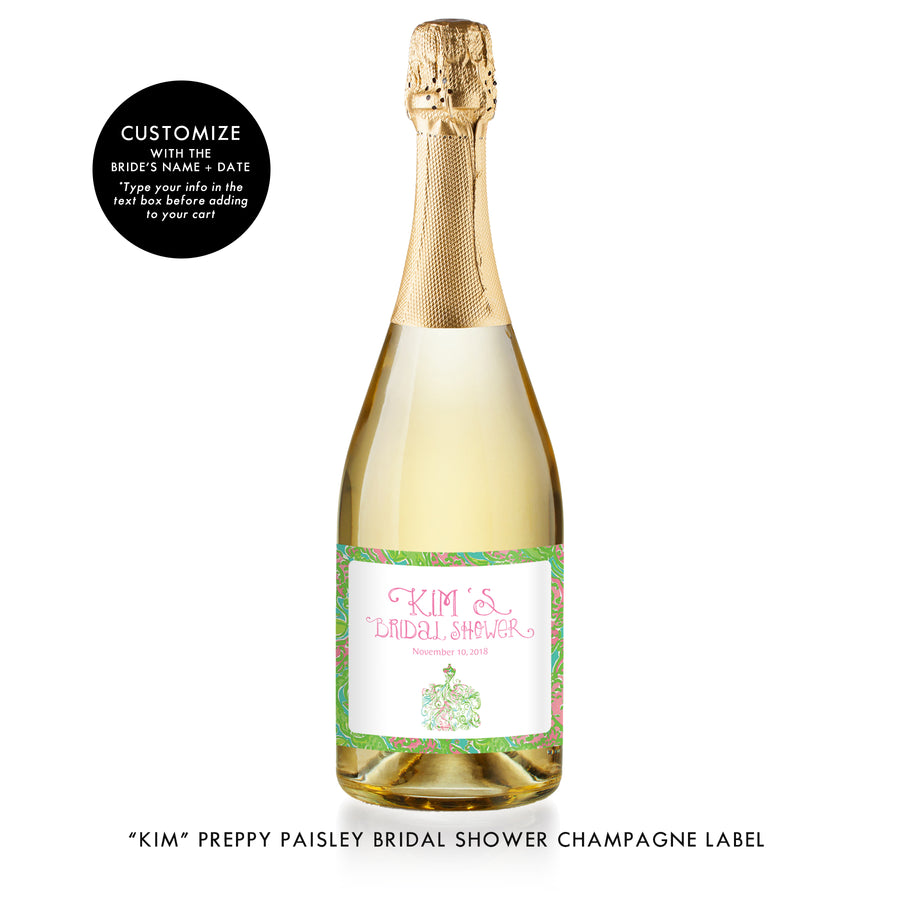 "Kim" Preppy Paisley Bridal Shower Champagne Labels