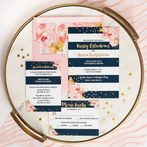 "Krissy" Navy + Pink Striped Wedding Invitation