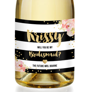"Krissy" Black + Pink Peonies Bridesmaid Proposal Champagne Labels