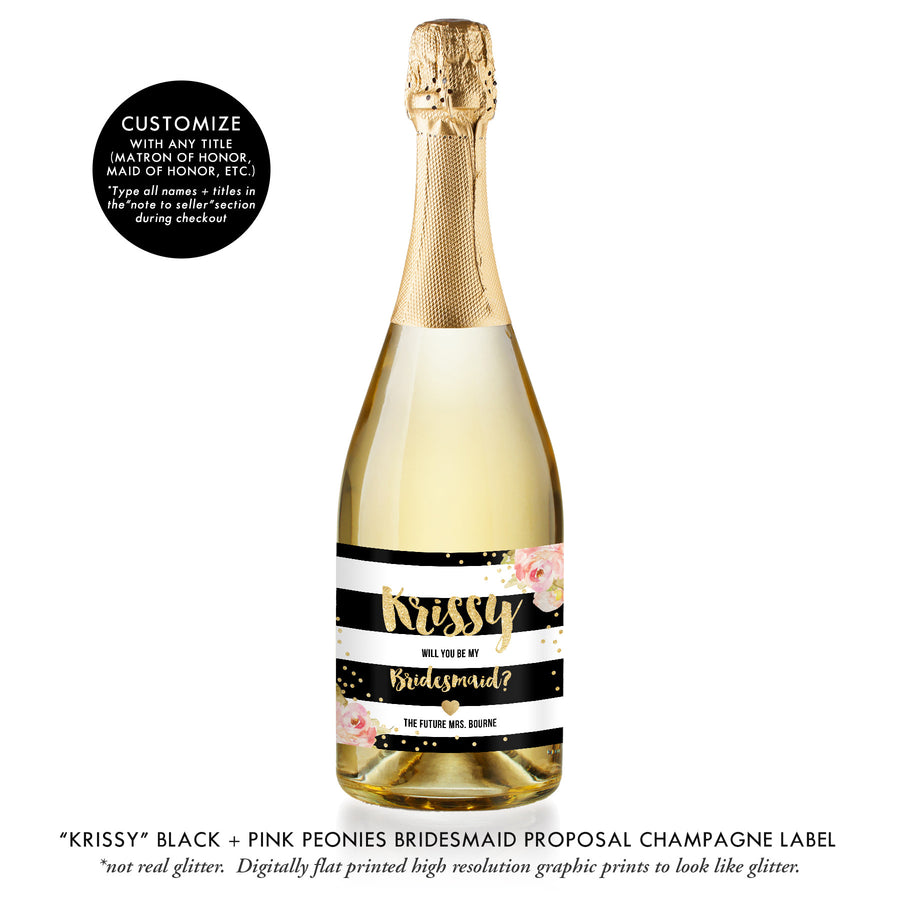 "Krissy" Black + Pink Peonies Bridesmaid Proposal Champagne Labels