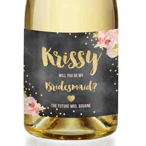 "Krissy" Chalkboard + Pink Peonies Bridesmaid Proposal Champagne Labels