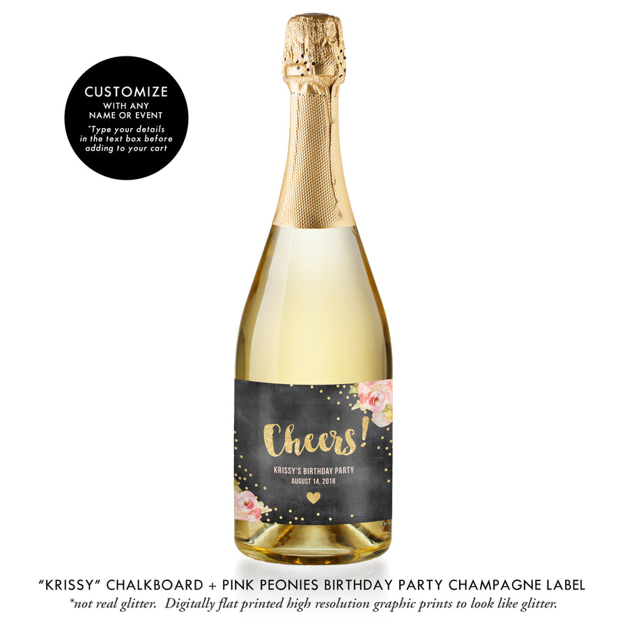 "Krissy" Chalkboard Birthday Party Champagne Labels