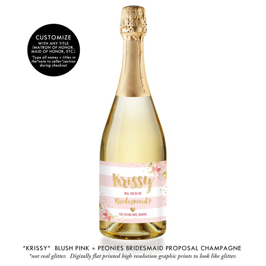 "Krissy" Pink + Peonies Bridesmaid Proposal Champagne Labels
