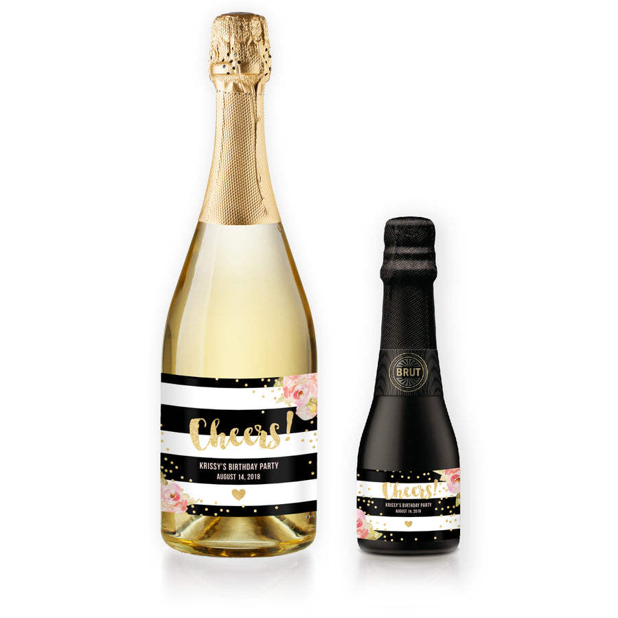 "Krissy" Black Stripes Birthday Party Champagne Labels