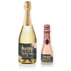 "Krissy" Chalkboard + Pink Peonies Bridesmaid Proposal Champagne Labels