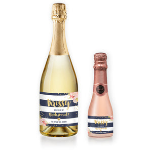 "Krissy" Navy + Pink Peonies Bridesmaid Proposal Champagne Labels
