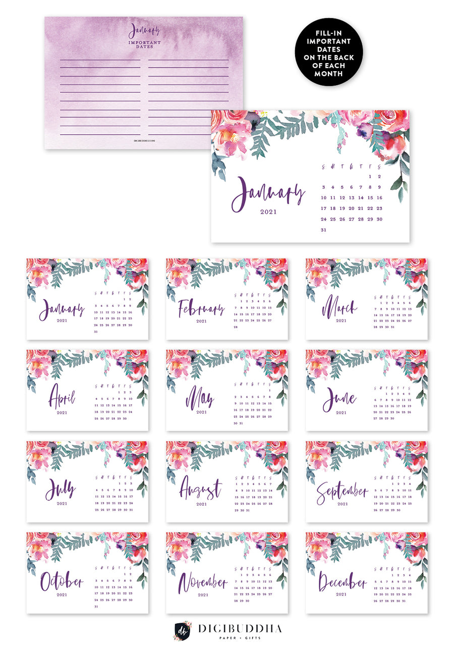 2021 Purple Watercolor Florals Desk Calendar by Digibuddha | Coll. 4