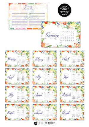 2021 Bright Watercolor Floral Desk Calendar by Digibuddha | Coll. 9