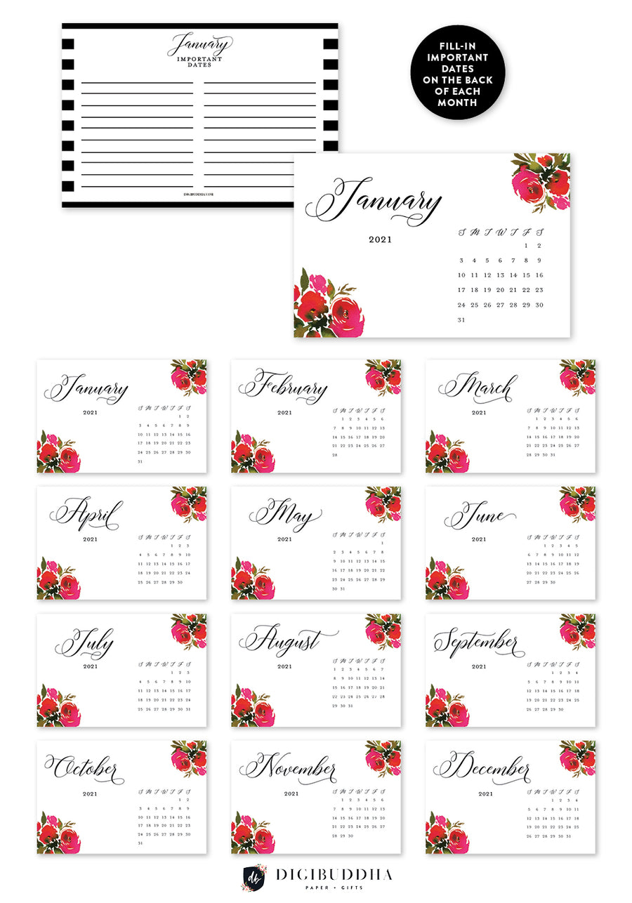 2021 Red Roses & Black Stripes Desk Calendar by Digibuddha | Coll. 1B