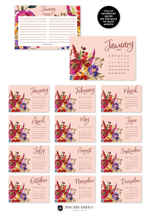 2020 Bold Watercolor Floral Desk Calendar by Digibuddha | Coll. 27