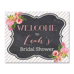 pink bloom and gray striped chalkboard style bridal shower welcome sign from digibuddha.com
