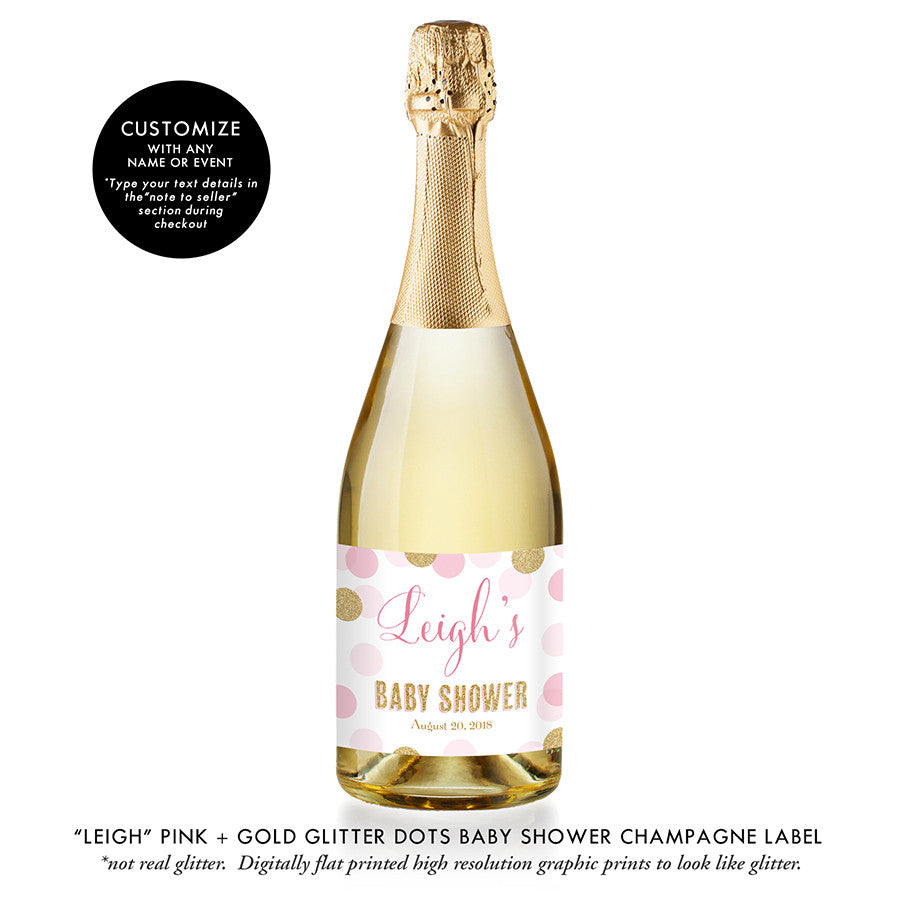 "Leigh" Pink + Gold Glitter Dots Baby Shower Champagne Labels