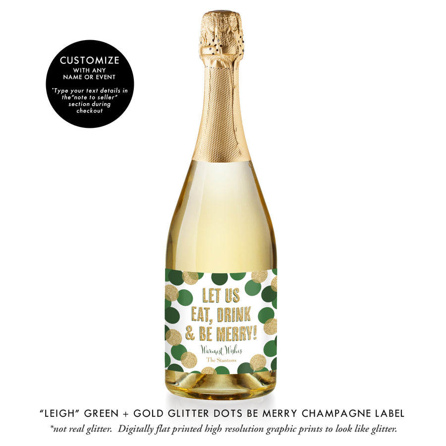 "Leigh" Green + Gold Glitter Dots Be Merry Champagne Labels