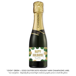 "Leigh" Green + Gold Glitter Dots Holiday Champagne Labels