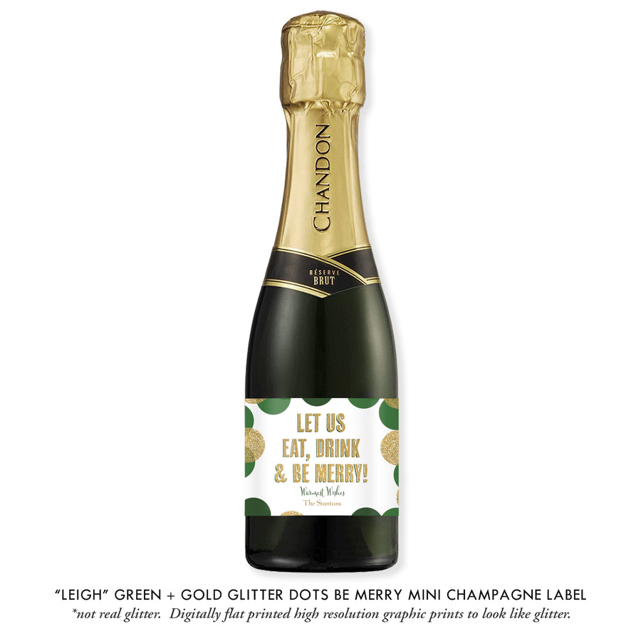 "Leigh" Green + Gold Glitter Dots Be Merry Champagne Labels