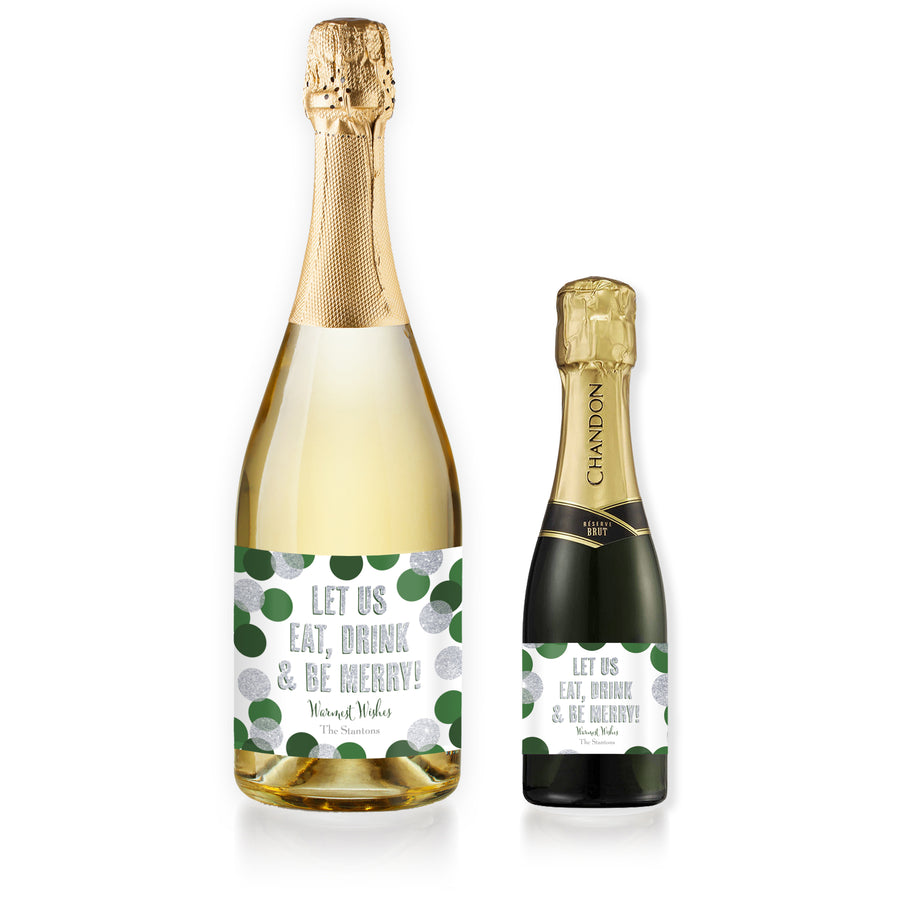 "Leigh" Green + Silver Glitter Dots Be Merry Champagne Labels