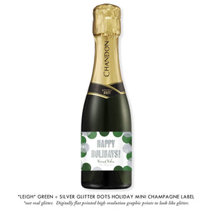 "Leigh" Green + Silver Glitter Dots Holiday Champagne Labels