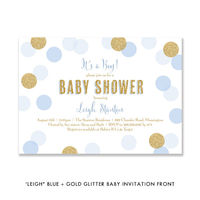 "Leigh" Blue + Gold Glitter Dots Baby Shower Invitation