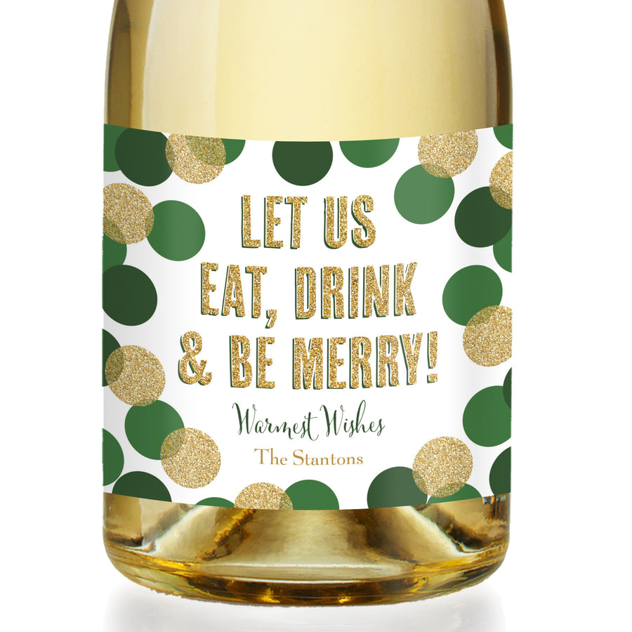 "Leigh" Green + Gold Glitter Dots Be Merry Champagne Labels