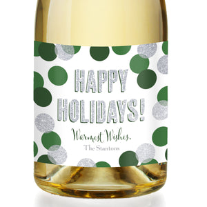 "Leigh" Green + Silver Glitter Dots Holiday Champagne Labels