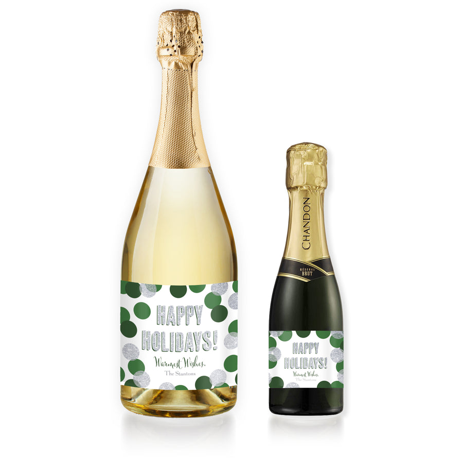 "Leigh" Green + Silver Glitter Dots Holiday Champagne Labels