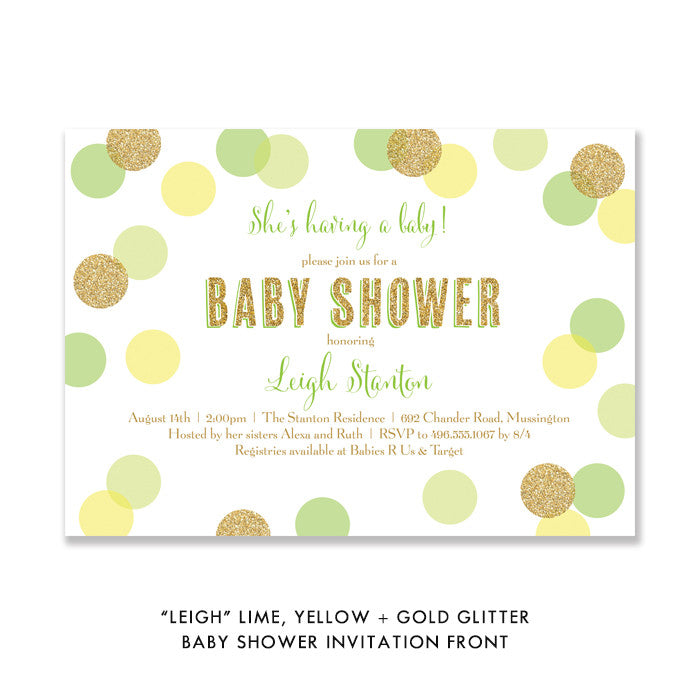 "Leigh" Lime, Yellow + Gold Glitter Dots Baby Shower Invitation