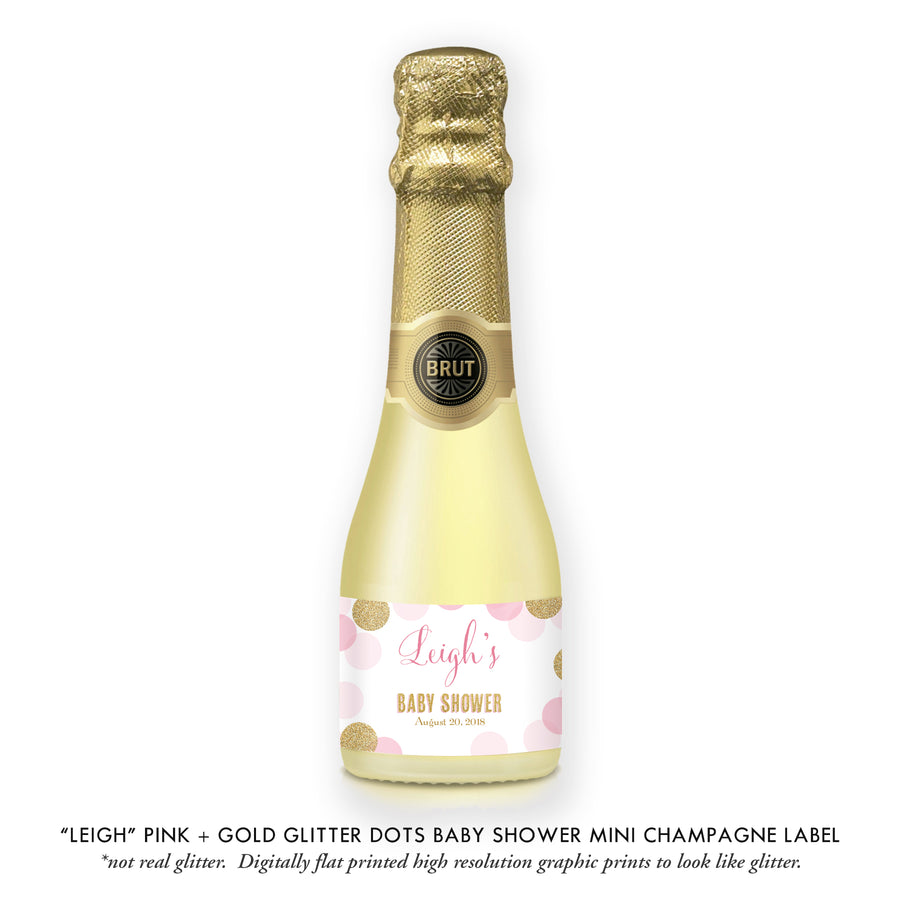 "Leigh" Pink + Gold Glitter Dots Baby Shower Champagne Labels