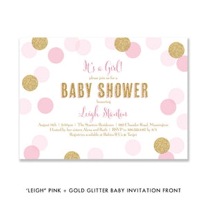 Pink + gold glitter dots "Leigh" baby shower invitation | digibuddha.com 