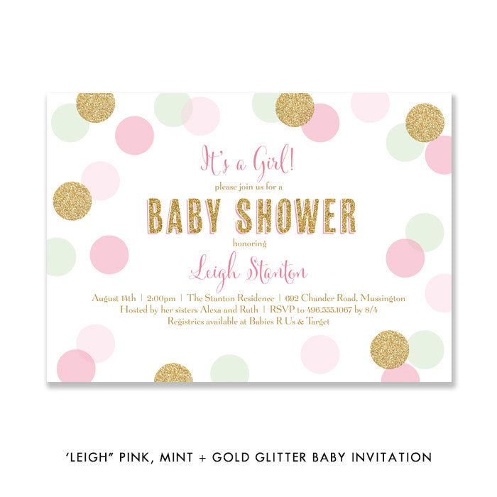 "Leigh" Pink, Mint + Gold Glitter Dots Baby Shower Invitation