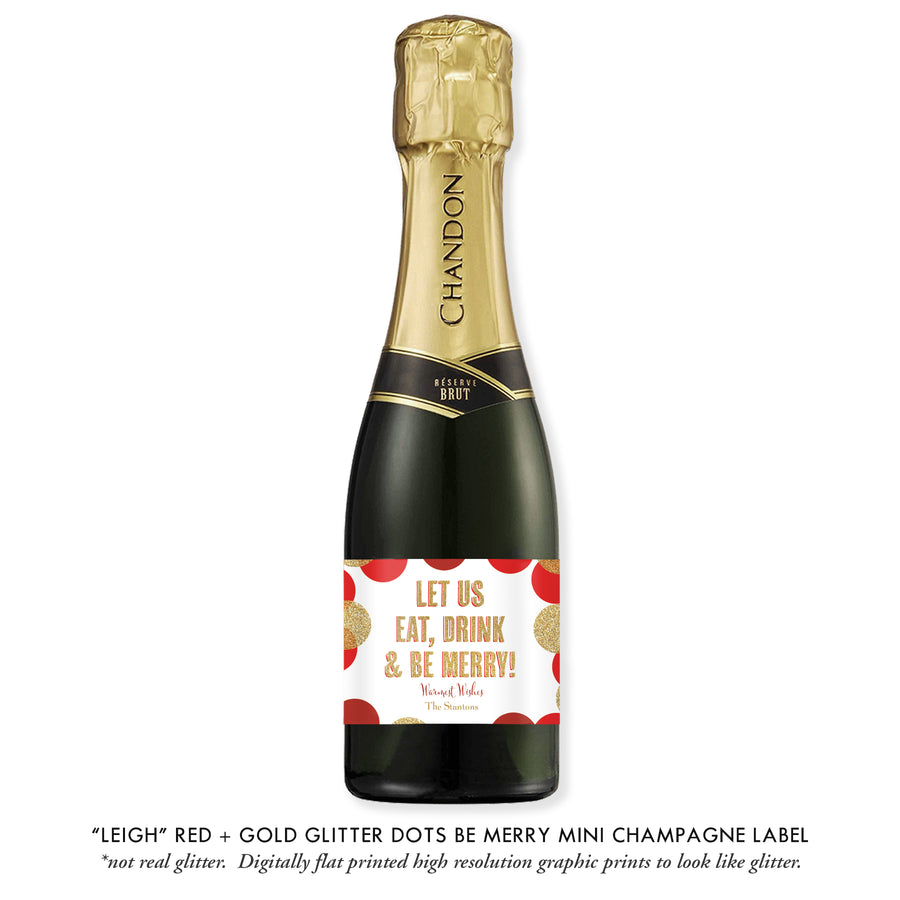 "Leigh" Red + Gold Glitter Dots Be Merry Champagne Labels