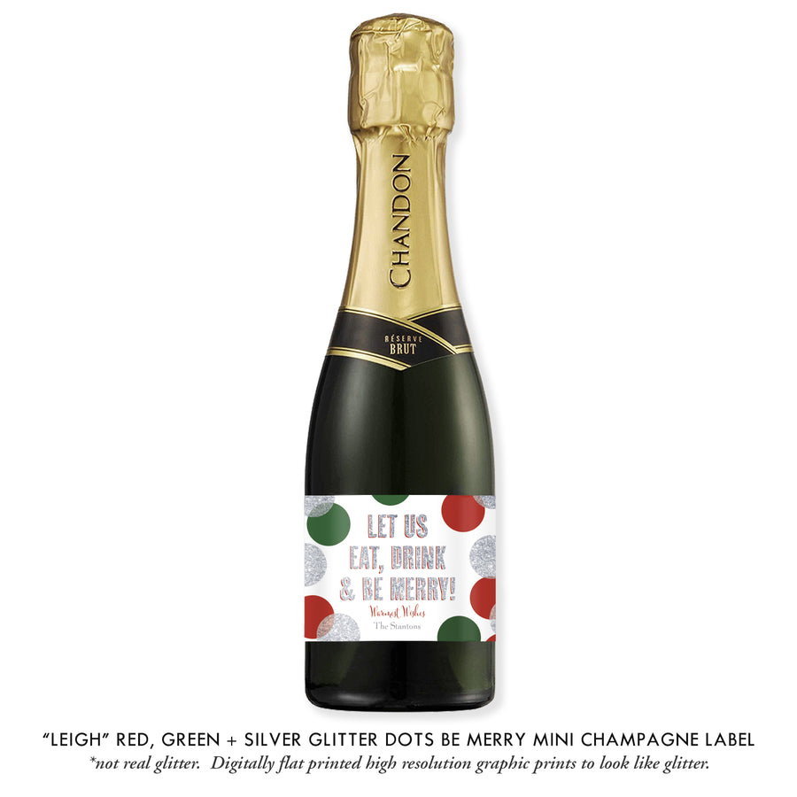 "Leigh" Red, Green + Silver Glitter Dots Be Merry Champagne Labels