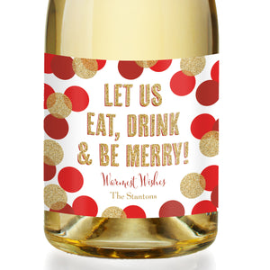 "Leigh" Red + Gold Glitter Dots Be Merry Champagne Labels