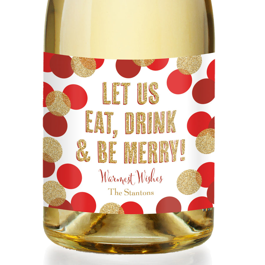 "Leigh" Red + Gold Glitter Dots Be Merry Champagne Labels