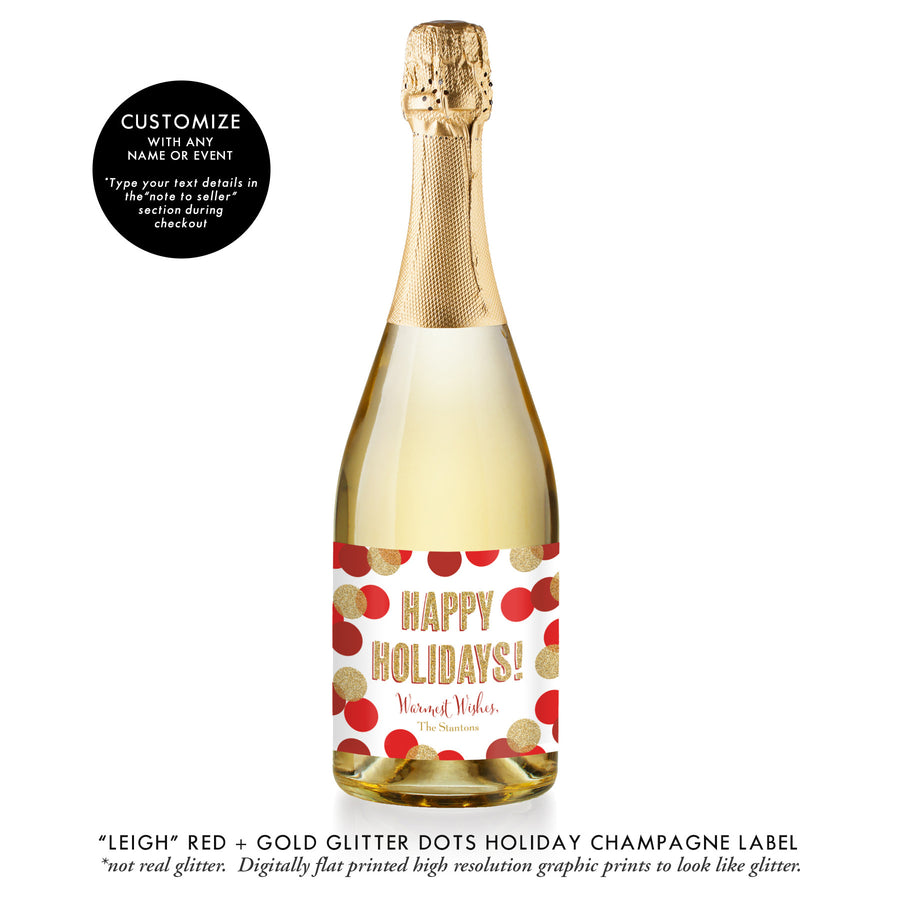 "Leigh" Red + Gold Glitter Dots Holiday Champagne Labels
