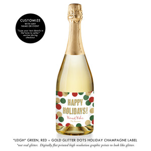 "Leigh" Red, Green + Gold Glitter Dots Holiday Champagne Labels