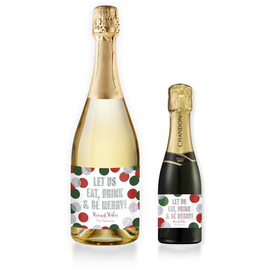 "Leigh" Red, Green + Silver Glitter Dots Be Merry Champagne Labels
