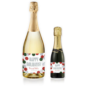"Leigh" Red, Green + Silver Glitter Dots Holiday Champagne Labels