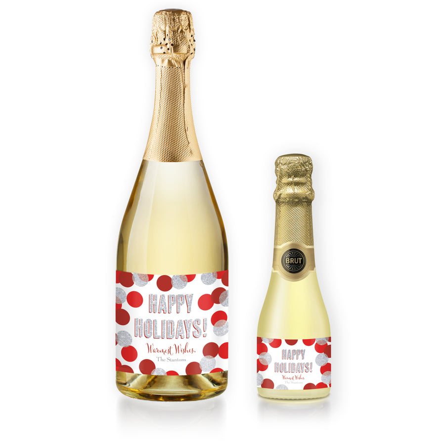"Leigh" Red + Silver Glitter Dots Holiday Champagne Labels