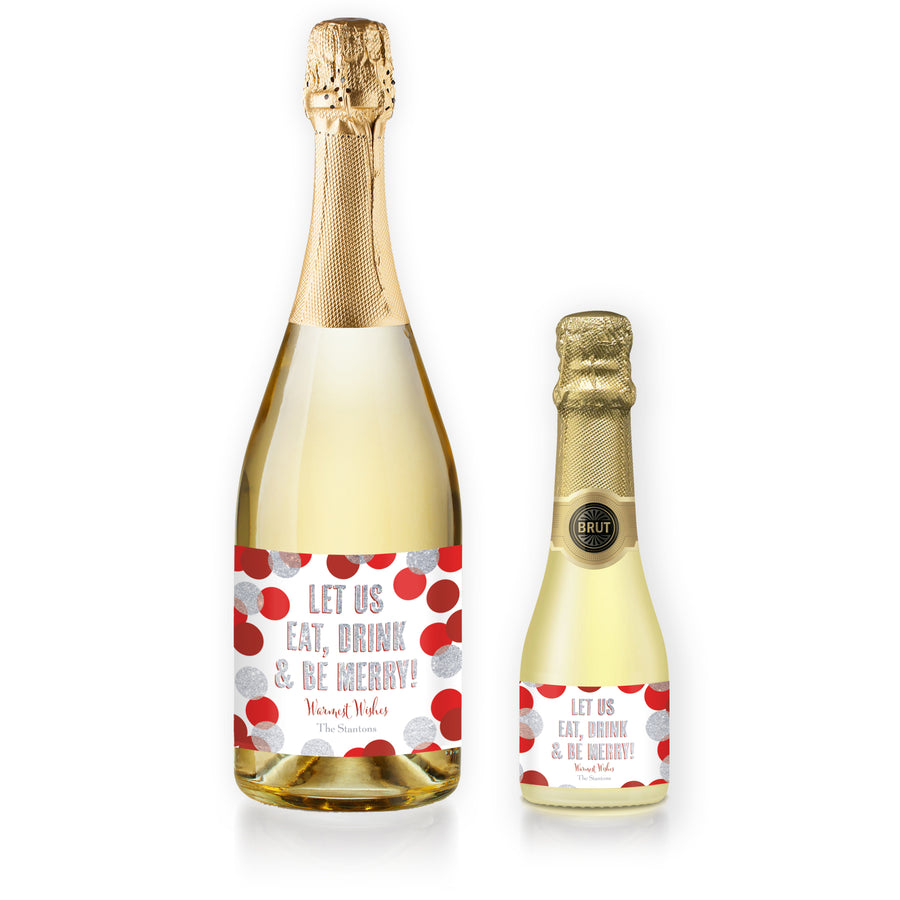 "Leigh" Red + Silver Glitter Dots Be Merry Champagne Labels