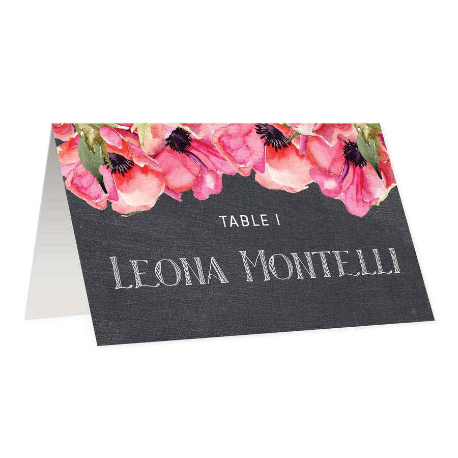 Chalkboard Place Cards with Pink Anemone | Leona