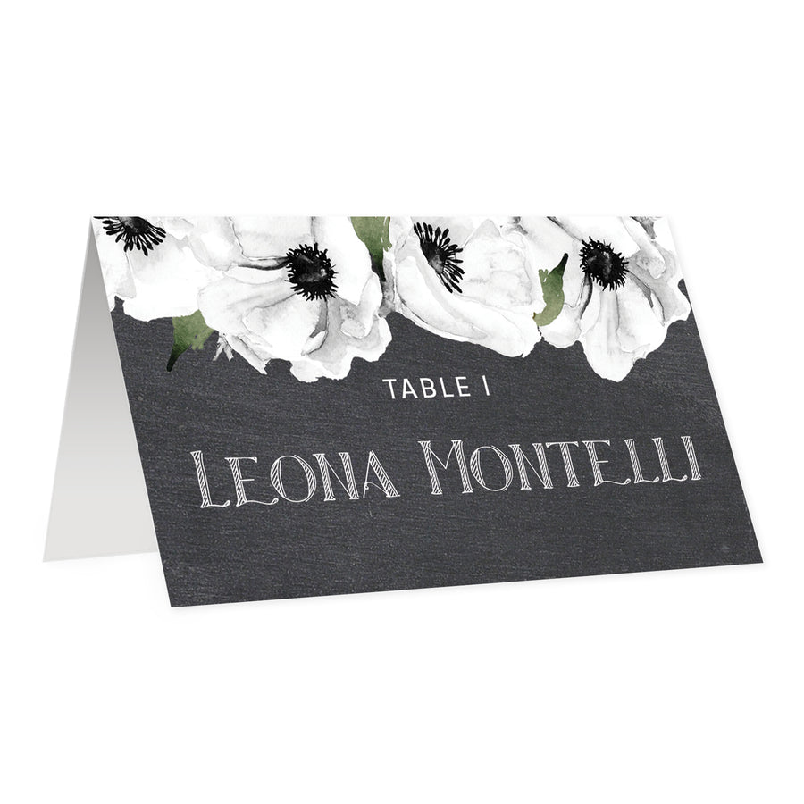 Chalkboard Place Cards with White Anemone | Leona