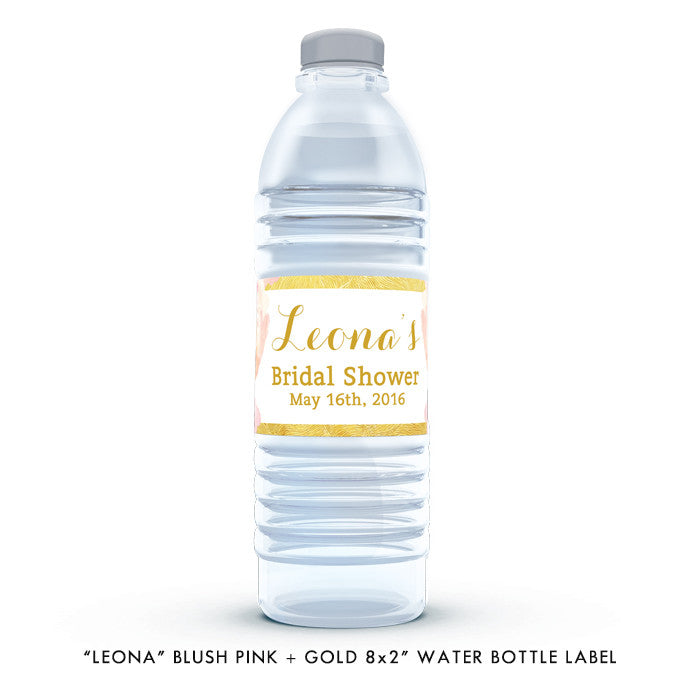 Blush pink + gold rose "Leona" waterproof water bottle labels | digibuddha.com