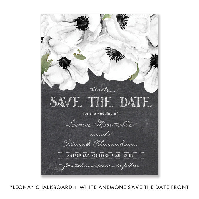 "Leona" Chalkboard + White Anemone Save The Date Card