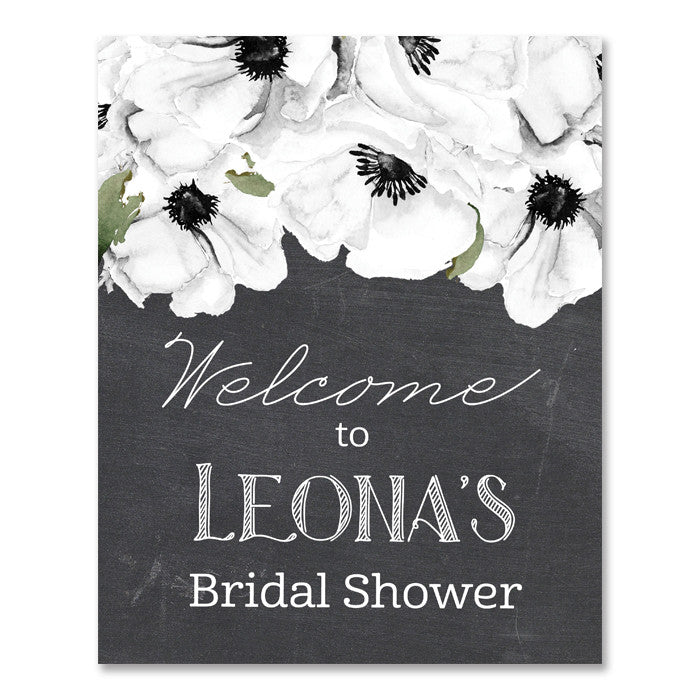 Leona rustic chalkboard style white anemone boho floral bridal shower welcome sign by digibuddha.com