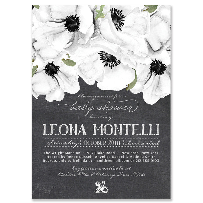 "Leona" Chalkboard + White Anemone Baby Shower Invitation
