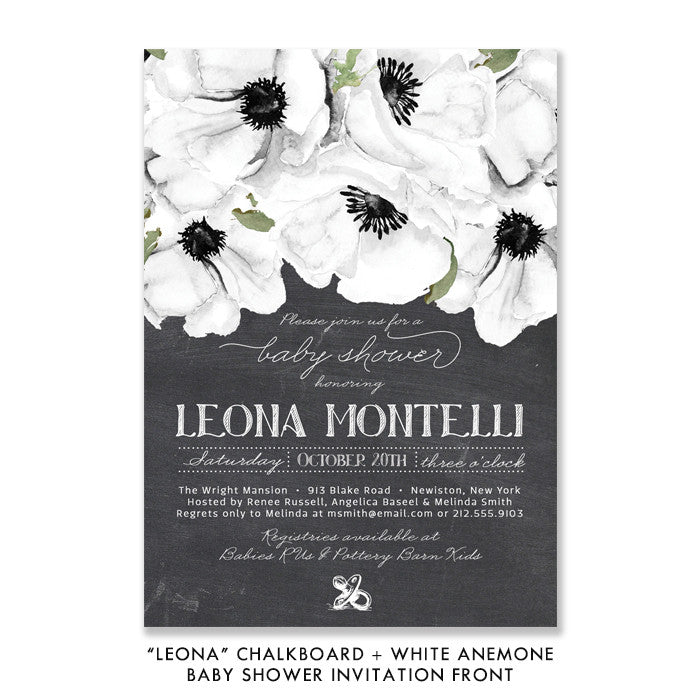 "Leona" Chalkboard + White Anemone Baby Shower Invitation